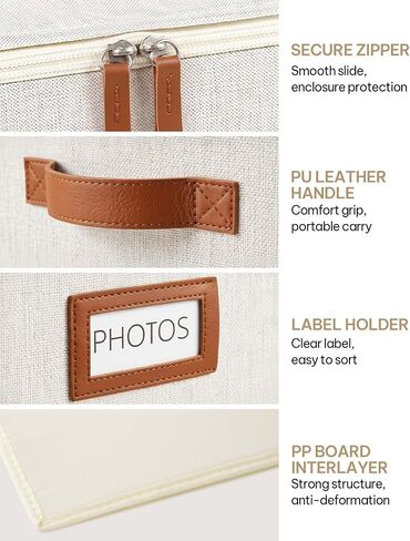 Photo Storage Box with Zipper Lid & Dividers, Linen Photo Organizer Container for 2000 4x6 Pictures, Decorative Keepsake Memory Box with Handle, Double Mesh Pockets for 8x10 Family Prints in Kuwait