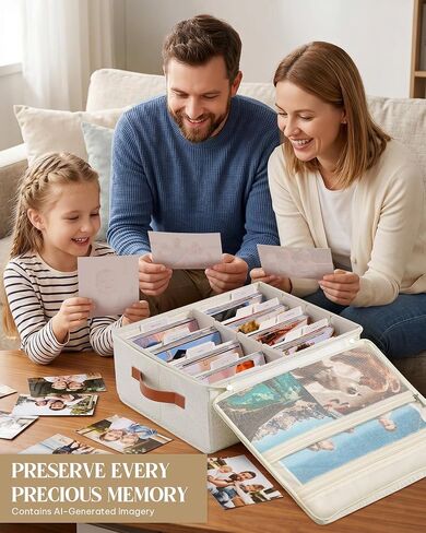 Photo Storage Box with Zipper Lid & Dividers, Linen Photo Organizer Container for 2000 4x6 Pictures, Decorative Keepsake Memory Box with Handle, Double Mesh Pockets for 8x10 Family Prints in Kuwait