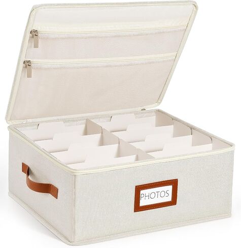 Photo Storage Box with Zipper Lid & Dividers, Linen Photo Organizer Container for 2000 4x6 Pictures, Decorative Keepsake Memory Box with Handle, Double Mesh Pockets for 8x10 Family Prints in Kuwait