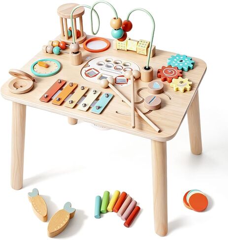 Montessori Toys for 1 Year Old, Wooden Activity Table for Toddlers 1-3, 13-in-1 Sensory Play Table with Bead Maze, Fishing Game, Shape Sorter & Xylophone, Learning Toy, First Birthday Gift in Kuwait