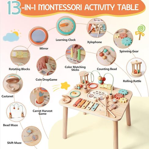 Montessori Toys for 1 Year Old, Wooden Activity Table for Toddlers 1-3, 13-in-1 Sensory Play Table with Bead Maze, Fishing Game, Shape Sorter & Xylophone, Learning Toy, First Birthday Gift in Kuwait