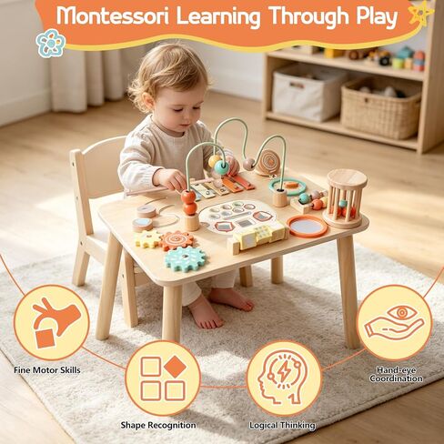 Montessori Toys for 1 Year Old, Wooden Activity Table for Toddlers 1-3, 13-in-1 Sensory Play Table with Bead Maze, Fishing Game, Shape Sorter & Xylophone, Learning Toy, First Birthday Gift in Kuwait