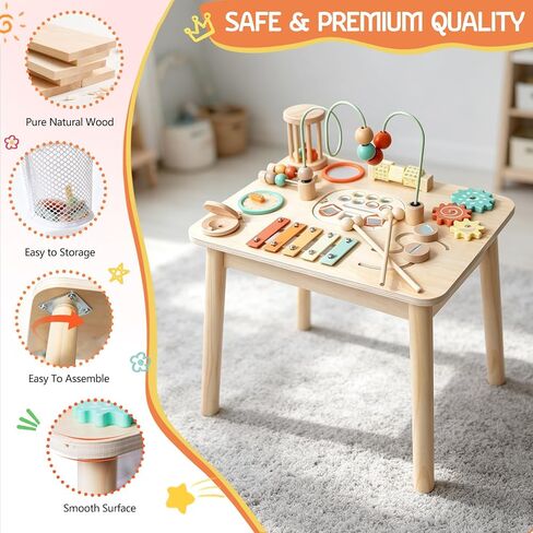 Montessori Toys for 1 Year Old, Wooden Activity Table for Toddlers 1-3, 13-in-1 Sensory Play Table with Bead Maze, Fishing Game, Shape Sorter & Xylophone, Learning Toy, First Birthday Gift in Kuwait