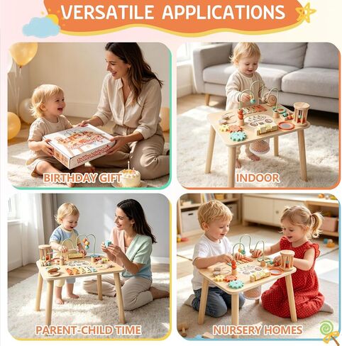 Montessori Toys for 1 Year Old, Wooden Activity Table for Toddlers 1-3, 13-in-1 Sensory Play Table with Bead Maze, Fishing Game, Shape Sorter & Xylophone, Learning Toy, First Birthday Gift in Kuwait
