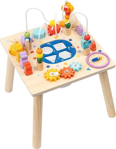 Baby Activity Table for 1 Year Old, Wooden Sensory Table Activity Center with Bead Maze with Shape Sorter Fishing Game, 8 in 1 Learning Toys for Baby 12+ Months Boys Girls Gifts in Kuwait