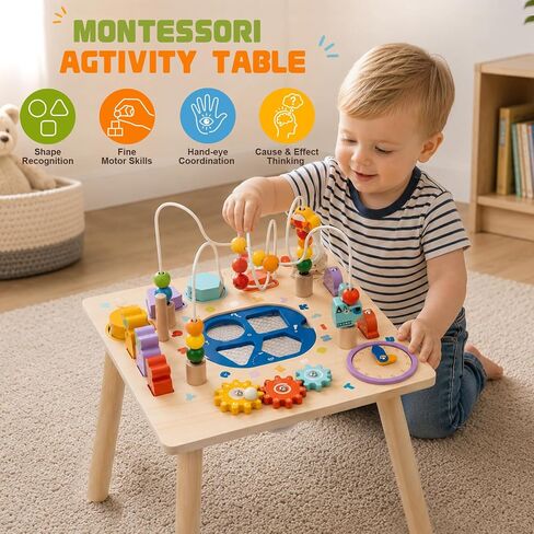 Baby Activity Table for 1 Year Old, Wooden Sensory Table Activity Center with Bead Maze with Shape Sorter Fishing Game, 8 in 1 Learning Toys for Baby 12+ Months Boys Girls Gifts in Kuwait