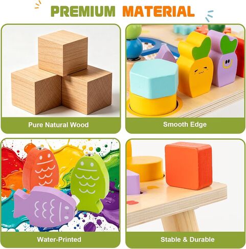 Baby Activity Table for 1 Year Old, Wooden Sensory Table Activity Center with Bead Maze with Shape Sorter Fishing Game, 8 in 1 Learning Toys for Baby 12+ Months Boys Girls Gifts in Kuwait