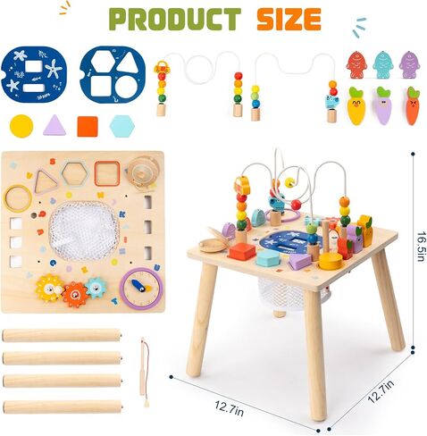 Baby Activity Table for 1 Year Old, Wooden Sensory Table Activity Center with Bead Maze with Shape Sorter Fishing Game, 8 in 1 Learning Toys for Baby 12+ Months Boys Girls Gifts in Kuwait
