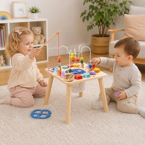 Baby Activity Table for 1 Year Old, Wooden Sensory Table Activity Center with Bead Maze with Shape Sorter Fishing Game, 8 in 1 Learning Toys for Baby 12+ Months Boys Girls Gifts in Kuwait