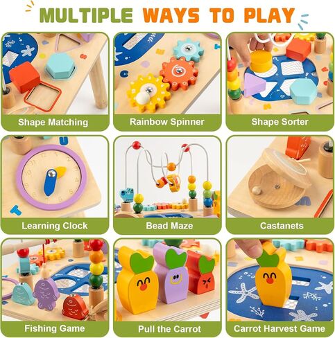 Baby Activity Table for 1 Year Old, Wooden Sensory Table Activity Center with Bead Maze with Shape Sorter Fishing Game, 8 in 1 Learning Toys for Baby 12+ Months Boys Girls Gifts in Kuwait