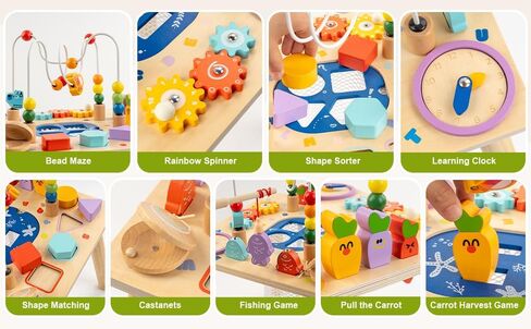 Baby Activity Table for 1 Year Old, Wooden Sensory Table Activity Center with Bead Maze with Shape Sorter Fishing Game, 8 in 1 Learning Toys for Baby 12+ Months Boys Girls Gifts in Kuwait
