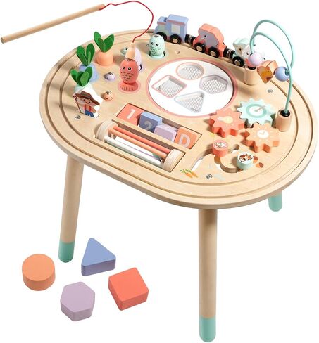 Dmitoora® 10 in 1 Montessori Toys for 1 Year Old Activity Table | wooden Montessori table, sensory toy, baby activity center, train track, fishing game, shape sorter, boys girls gift in Kuwait