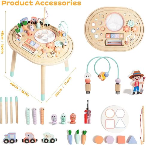 Dmitoora® 10 in 1 Montessori Toys for 1 Year Old Activity Table | wooden Montessori table, sensory toy, baby activity center, train track, fishing game, shape sorter, boys girls gift in Kuwait