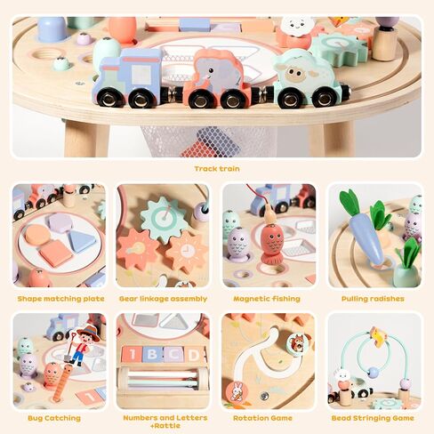Dmitoora® 10 in 1 Montessori Toys for 1 Year Old Activity Table | wooden Montessori table, sensory toy, baby activity center, train track, fishing game, shape sorter, boys girls gift in Kuwait