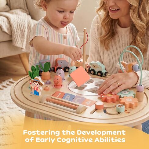 Dmitoora® 10 in 1 Montessori Toys for 1 Year Old Activity Table | wooden Montessori table, sensory toy, baby activity center, train track, fishing game, shape sorter, boys girls gift in Kuwait