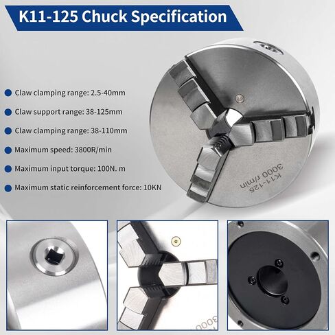 RATTMMOTOR Motor Lathe Chuck Spindle Assemblies Through Hole 15mm | , 3 Jaw K11-125mm Lathe Chuck with 120W 110V Optical Shaft Adjustable Speed Motor+Driver for CNC Lathe in Kuwait