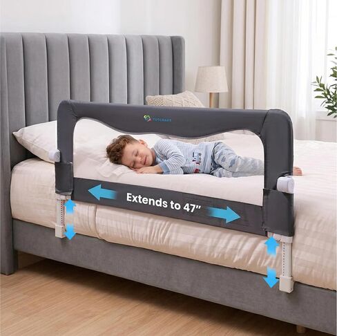 TotCraft Flexguard Adjustable Length & Height Bed Rail for Toddlers – Fits Twin, Full, Queen & King Beds – 35.5″ or 59″ Two Fixed Lengths – 14 Height Levels – ASTM Certified Bed Rail for Baby (Grey) in Kuwait