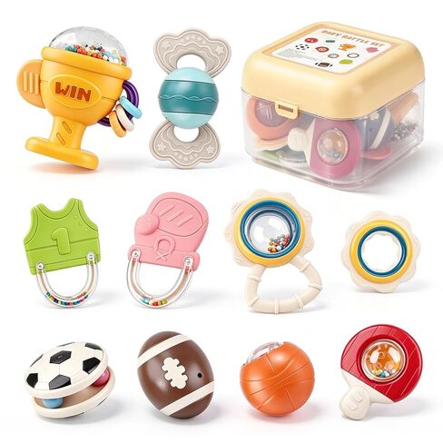 Joyreal Baby Toys 0-6 Months, 10PCS Baby Rattles Teething Toys 3-6 Months | BPA Free, Sensory Development, Easy Clean & Sterilize, Easy Grip, Teething Relief, Sports Theme, Storage Box, Baby Gift in Kuwait
