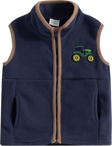 Owl's-Yard Toddler Baby Boys Fleece Vest Casual Tractor Cartoon Embroidery Sleeveless Stand Collar Zip Up Vest Jacket in Kuwait