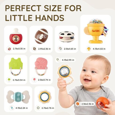Joyreal Baby Toys 0-6 Months, 10PCS Baby Rattles Teething Toys 3-6 Months | BPA Free, Sensory Development, Easy Clean & Sterilize, Easy Grip, Teething Relief, Sports Theme, Storage Box, Baby Gift in Kuwait