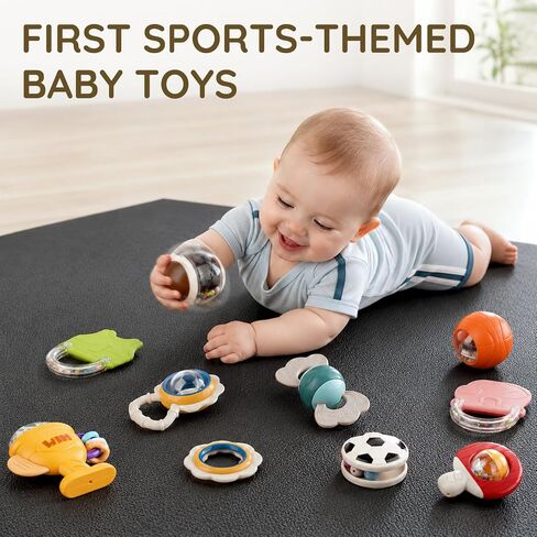 Joyreal Baby Toys 0-6 Months, 10PCS Baby Rattles Teething Toys 3-6 Months | BPA Free, Sensory Development, Easy Clean & Sterilize, Easy Grip, Teething Relief, Sports Theme, Storage Box, Baby Gift in Kuwait