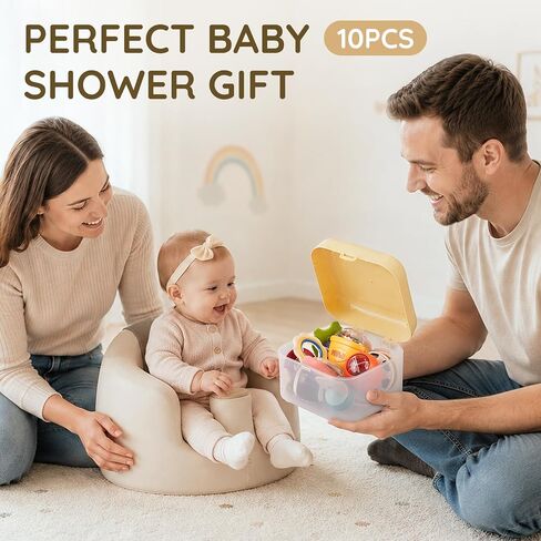 Joyreal Baby Toys 0-6 Months, 10PCS Baby Rattles Teething Toys 3-6 Months | BPA Free, Sensory Development, Easy Clean & Sterilize, Easy Grip, Teething Relief, Sports Theme, Storage Box, Baby Gift in Kuwait