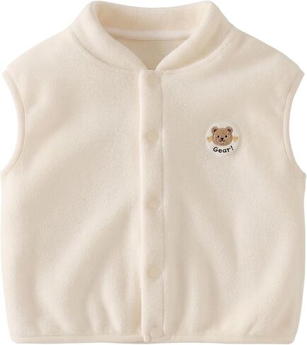 Baby Sherpa Fleece Vest Toddler Quilted Snap-Front Outerwear | Soft teddy texture, bear patch and contrast piping for cozy fall and winter layering in Kuwait