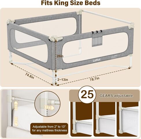 King Size Bed Rails for Toddlers: 3-Piece with Corner Cushion | Stable, Tool-Free Install, Fold-Down & Dual Safety Lock, Side Pocket, Adjustable for 2-13" Mattress, for Baby Co-Sleeping in Kuwait