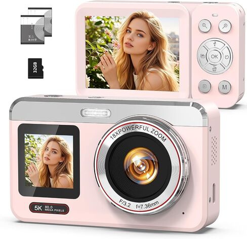Digital Camera, 5K 80MP Dual Screen, Auto Focus for Beginners Teens | Point and Shoot Camera with 18X Zoom, 32GB Card & 2 Batteries, Great Travel Vlogging Camera for YouTube, Pink in Kuwait