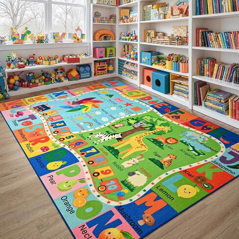 Maxsoft Kids Rug for Playroom, Educational 4x6 Play Mat for Classroom, Washable Playmat for Learning ABC Alphabet Animal Colors Shapes Numbers Daycare Rug for Kids Room Nursery Children in Kuwait