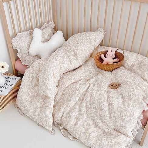 AOJIM Muslin Cotton Kids Duvet Cover Set 2 Pieces for Boys Girls, Ruffled Design Forest Themed Pattern Toddler Bedding Comforter Cover 47X59'' and 1 Matching Pillowcase 20X12 inch in Kuwait