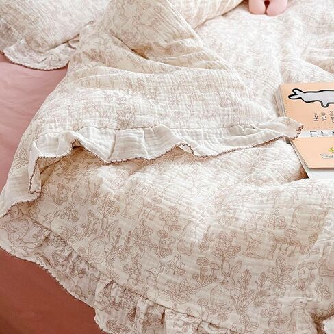 AOJIM Muslin Cotton Kids Duvet Cover Set 2 Pieces for Boys Girls, Ruffled Design Forest Themed Pattern Toddler Bedding Comforter Cover 47X59'' and 1 Matching Pillowcase 20X12 inch in Kuwait