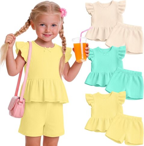 3 Pack Toddler Girls 2 Piece Sets 18M-5T Infant Ribbed Outfits Baby Ruffled Sleeveless Tops Bow Cute Summer Clothes in Kuwait