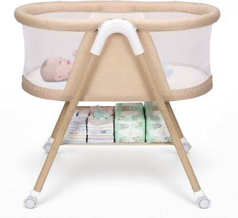 Uuoeebb Baby Bassinet, Bassinet Bedside Sleeper, Upgrade Safety Bedside Bassinet for Baby with 360° Silent Wheels, Storage Tray Basket, Breathable Mesh, Easy Move, Easy to Install,Khaki in Kuwait