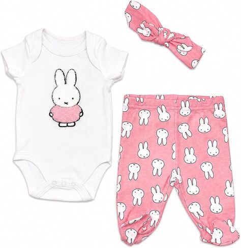Miffy Baby Girls 3 Piece Layette Set Bodysuit Footed Pants | 3-piece Miffy layette set for sleeping, lounging and going out; soft cotton-blend bodysuit, footed pants and accessory in Kuwait