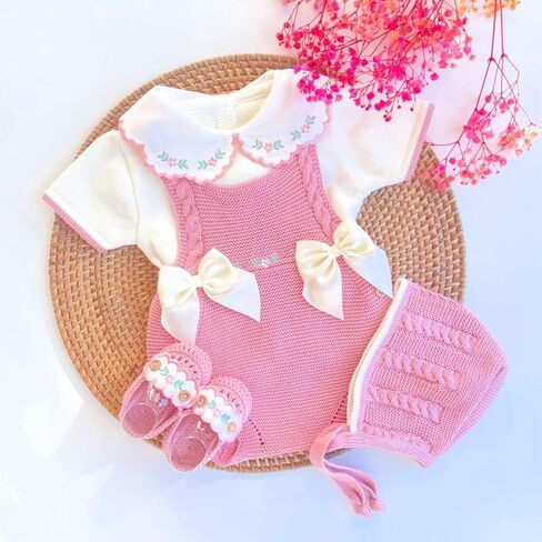 Knit Newborn Girl Old Pink Cloth Set, Spanish outfit Coming Home Infant Knit Outfit 4 pieces in Kuwait