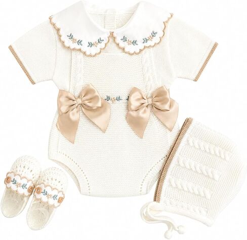 Knit Newborn Girl Beige Camel Cloth Set, Spanish outfit Coming Home Infant Knit Outfit 4 pieces in Kuwait