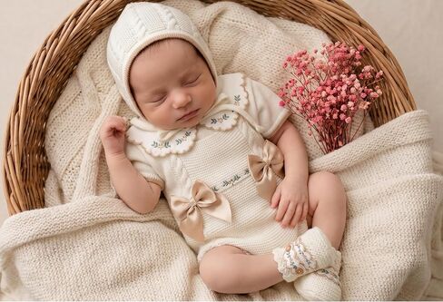Knit Newborn Girl Beige Camel Cloth Set, Spanish outfit Coming Home Infant Knit Outfit 4 pieces in Kuwait