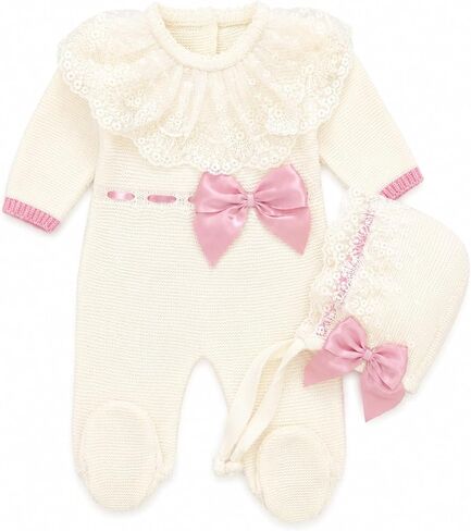 Knit Newborn Girl Deluxe Beige Old Pink Cotton Cloth Set, Coming Home Infant Knit Outfit 3 pieces in Kuwait