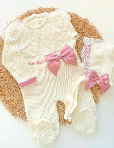 Knit Newborn Girl Deluxe Beige Old Pink Cotton Cloth Set, Coming Home Infant Knit Outfit 3 pieces in Kuwait