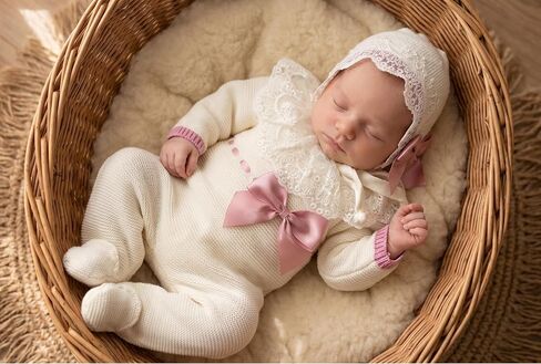 Knit Newborn Girl Deluxe Beige Old Pink Cotton Cloth Set, Coming Home Infant Knit Outfit 3 pieces in Kuwait