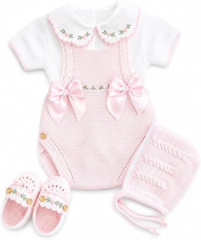 Knit Newborn Girl Pink Cloth Set, Spanish outfit Coming Home Infant Knit Outfit 4 pieces in Kuwait