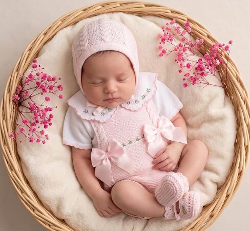 Knit Newborn Girl Pink Cloth Set, Spanish outfit Coming Home Infant Knit Outfit 4 pieces in Kuwait