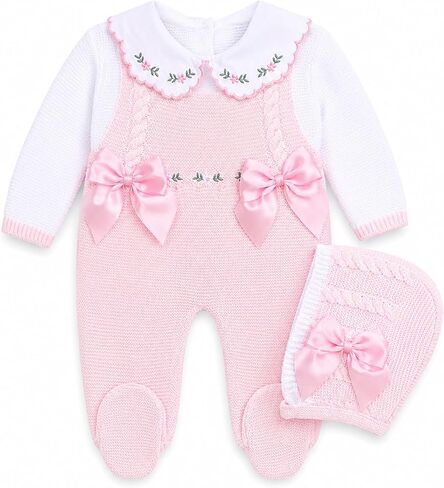 Newborn Girl Knitted Pink Clothes Set, Spanish outfit Coming Home Infant Knit Outfit 3 pieces in Kuwait