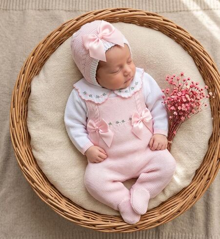 Newborn Girl Knitted Pink Clothes Set, Spanish outfit Coming Home Infant Knit Outfit 3 pieces in Kuwait
