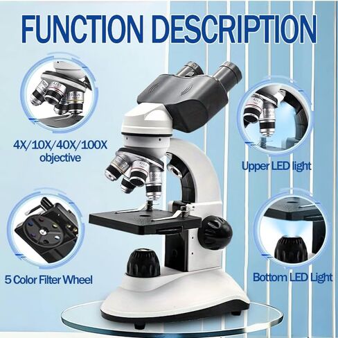 Adult Student Compound Binocular Microscope, Magnification 40X-5000X, Upgraded Dual Upper and Lower Light Sources, Suitable for Beginners, Suitable for School and Home Education in Kuwait