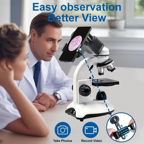 Adult Student Compound Binocular Microscope, Magnification 40X-5000X, Upgraded Dual Upper and Lower Light Sources, Suitable for Beginners, Suitable for School and Home Education in Kuwait