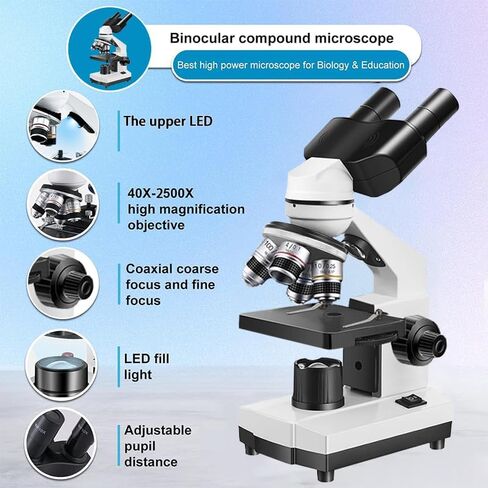 Binocular Compound Microscope for Adults & Students, 40X-5000X Magnification with Dual Upper and Lower LED Lights, Ideal for Laboratory, Classroom, and Home Teaching in Kuwait