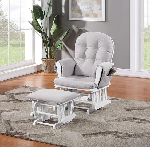 Glider and Ottoman White Wood and Woven Gray Fabric in Kuwait