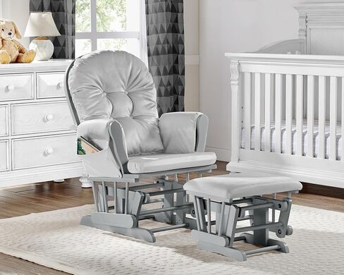 Penau Glider and Ottoman, Button Tufted Gray, Wood Fabric | Nursery Glider And Ottoman Set, Soft Quiet Motion, Button Tufted Back, Side Pocket, Cozy Bonding Spot in Kuwait